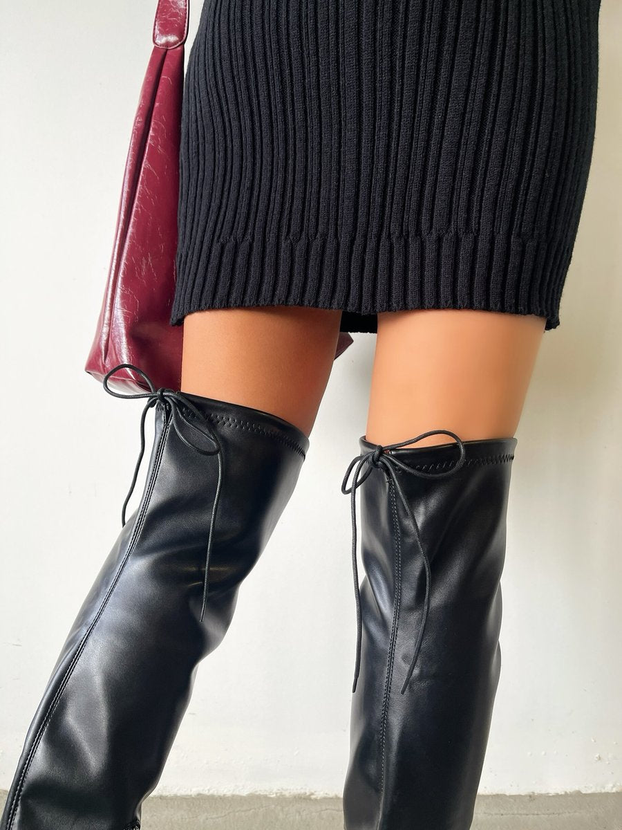 Tie Detail Low Heel Knee High Boots