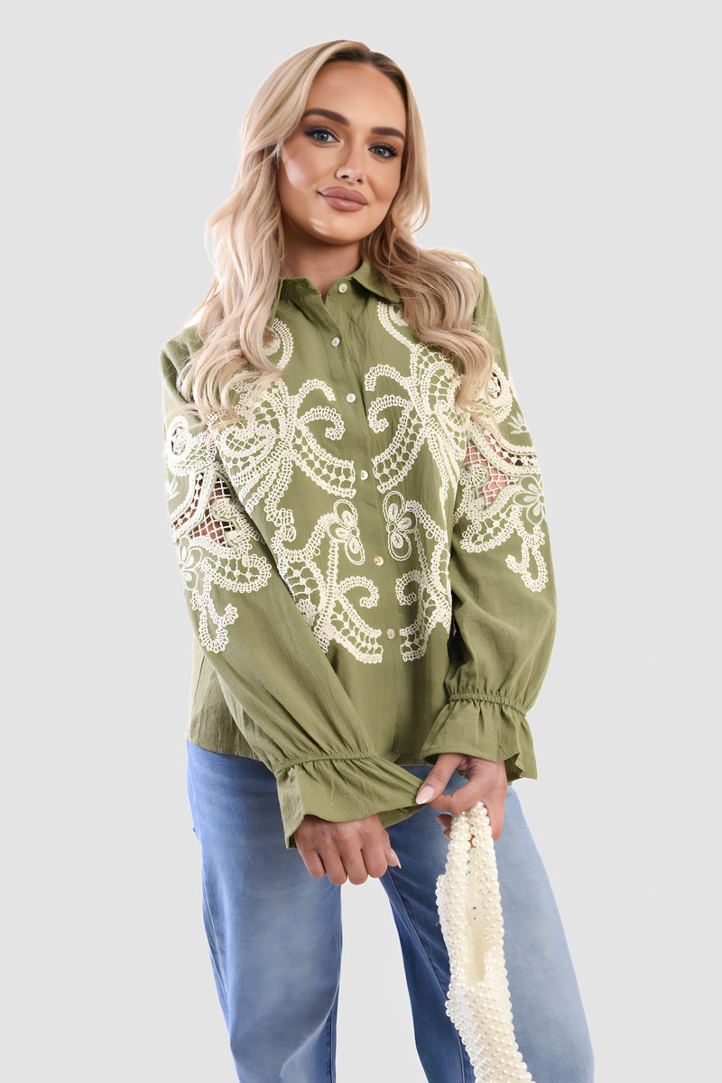 Buttoned Embroidered Balloon Sleeve Top
