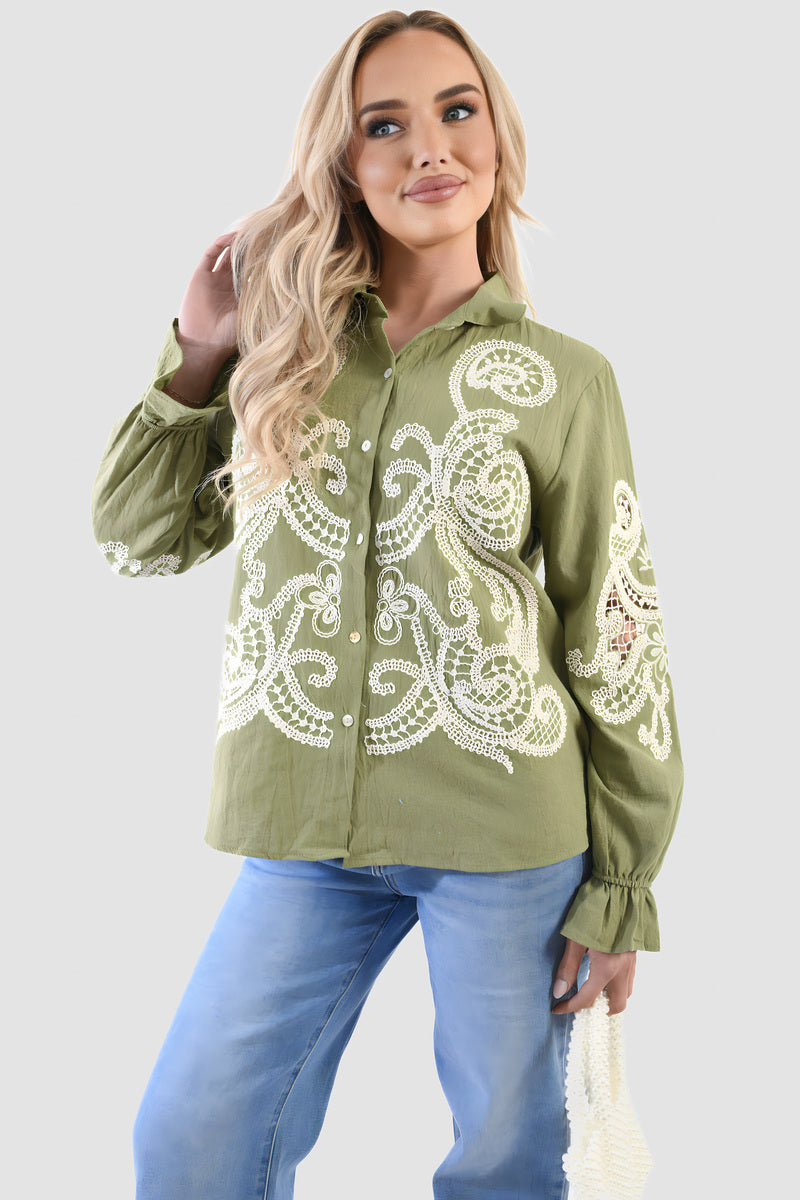 Buttoned Embroidered Balloon Sleeve Top