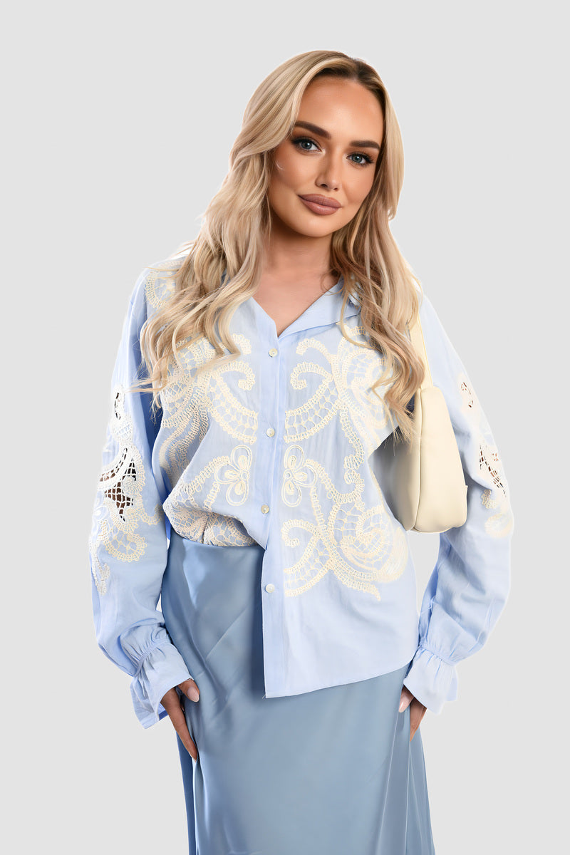 Buttoned Embroidered Balloon Sleeve Top
