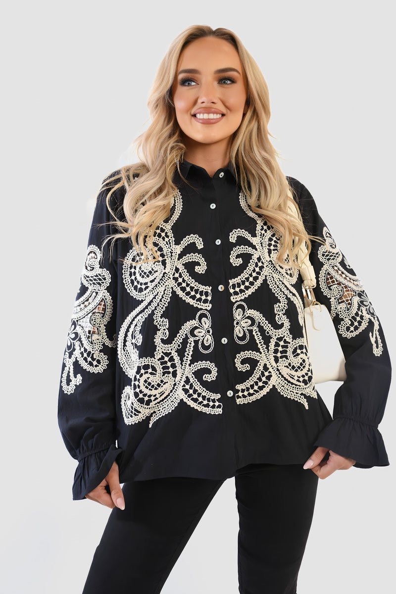Buttoned Embroidered Balloon Sleeve Top