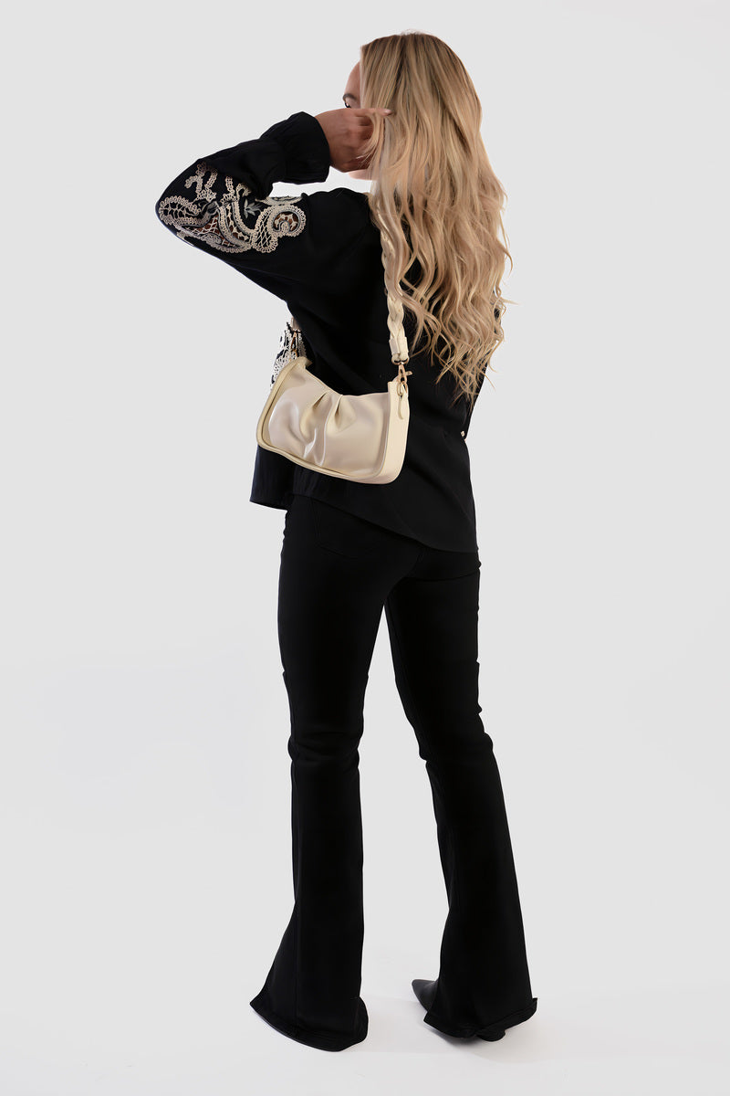 Buttoned Embroidered Balloon Sleeve Top