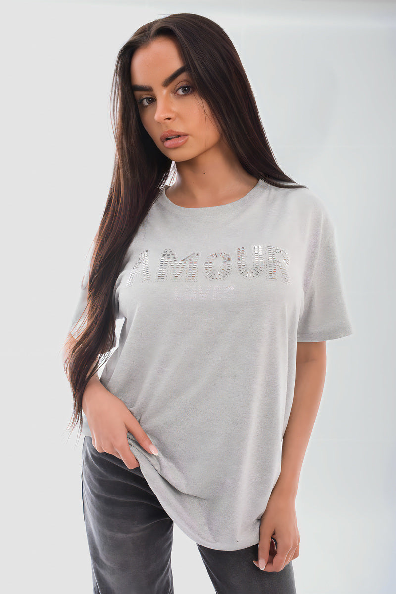 Amour Embellished Print Round Neck Top