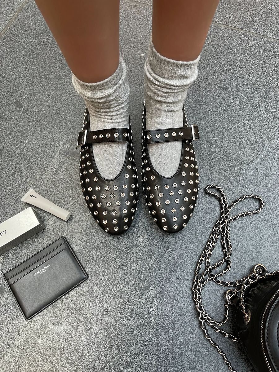 Rhinestone Decor Round Toe Buckle Strap Flat Shoes