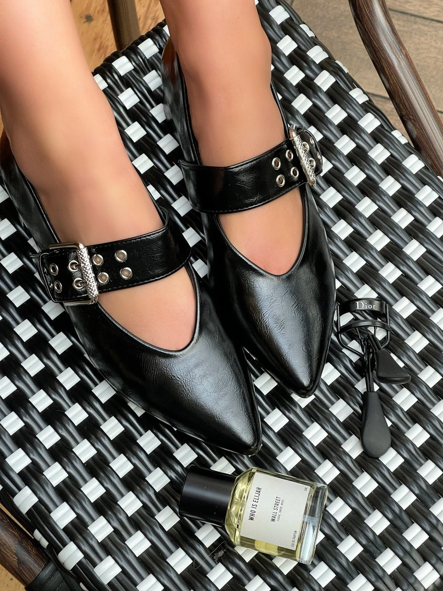 Low Heel Buckle Eyelet Strap Pointed Flat Shoes