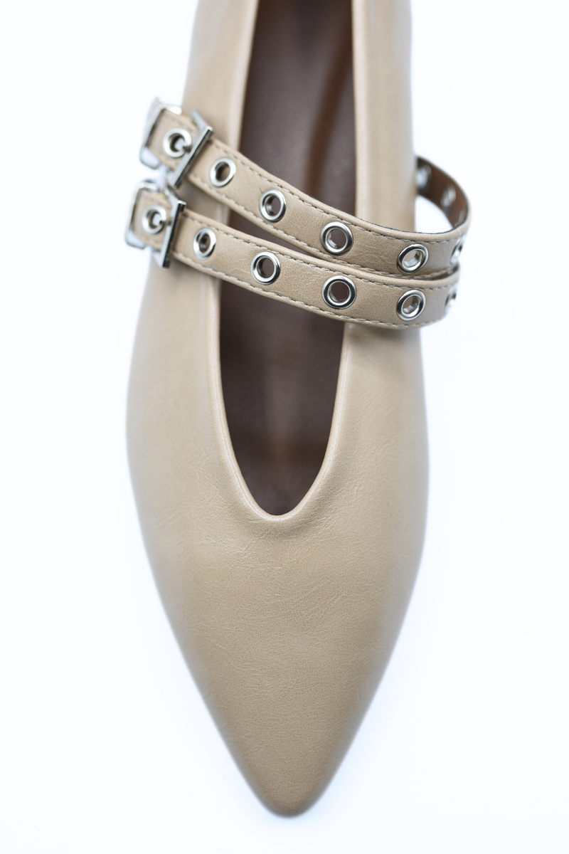 Low Heel Double Buckle Eyelet Strap Pointed Flat Shoes