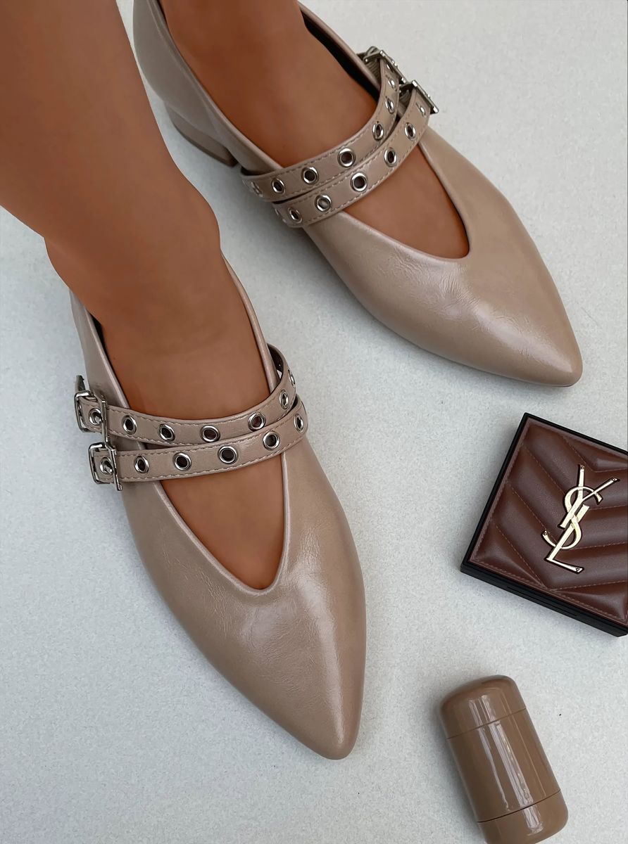 Low Heel Double Buckle Eyelet Strap Pointed Flat Shoes