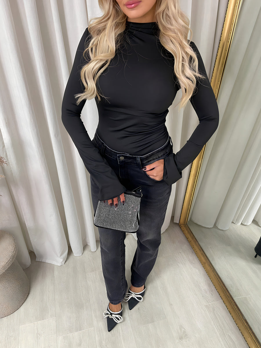 Ruched High Neck Flare Long Sleeve Top