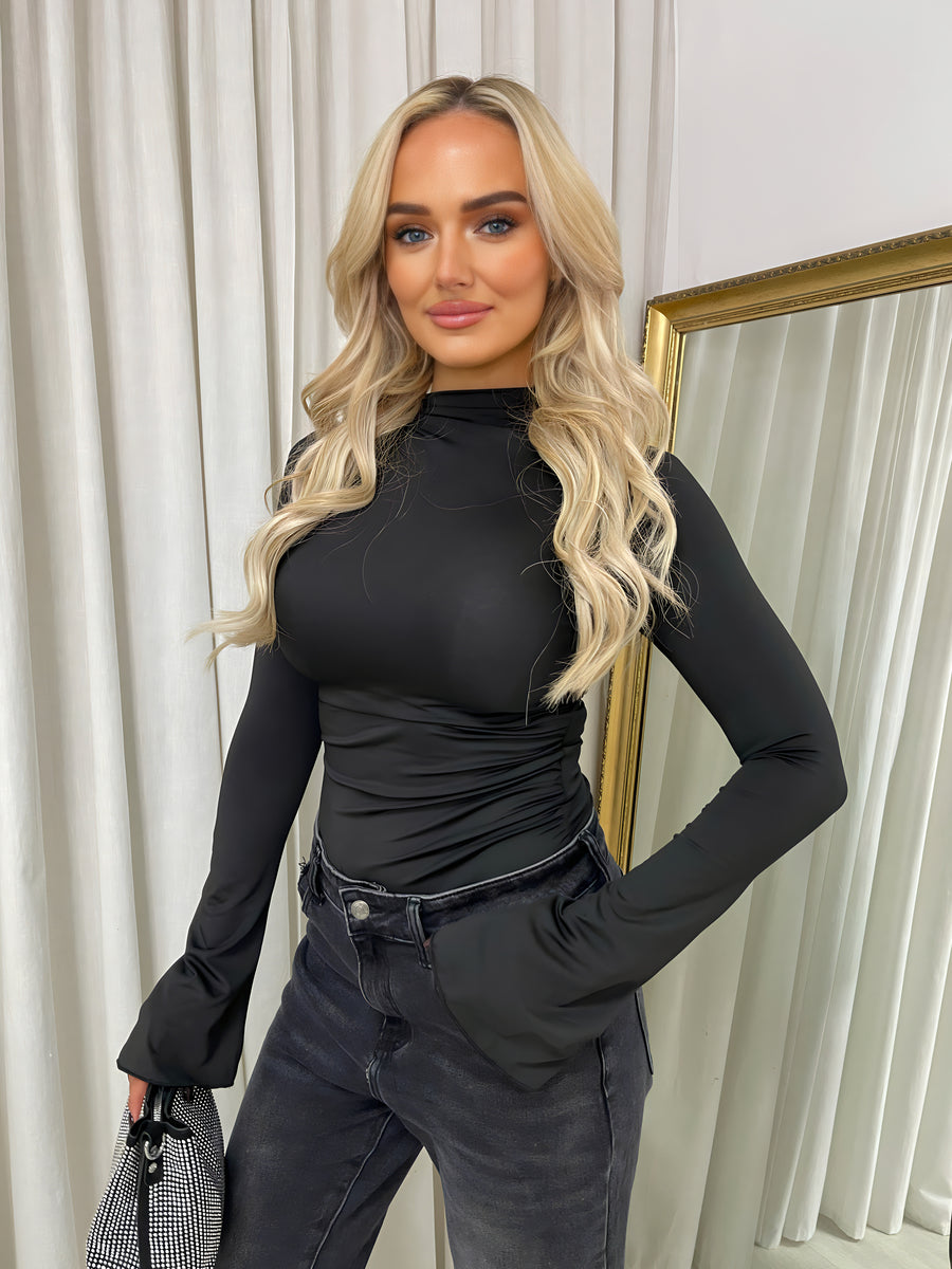 Ruched High Neck Flare Long Sleeve Top