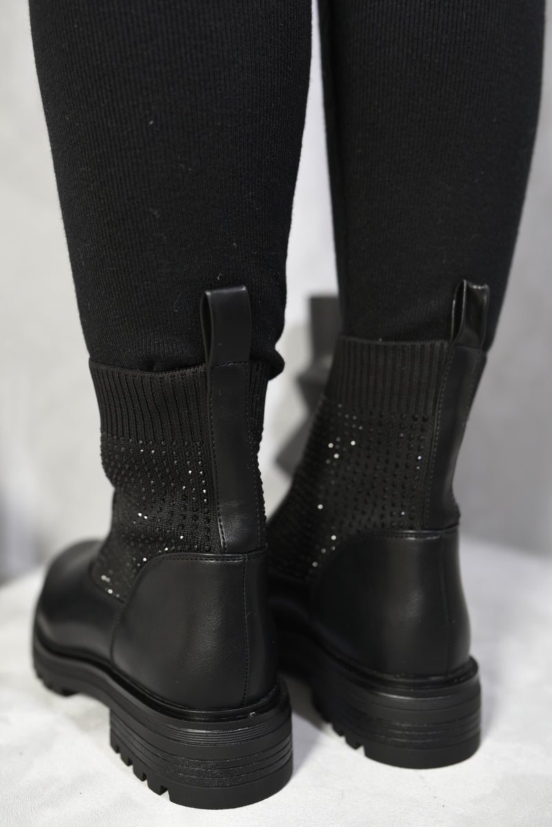 Rhinestone Faux Leather Stretch Ankle Boots