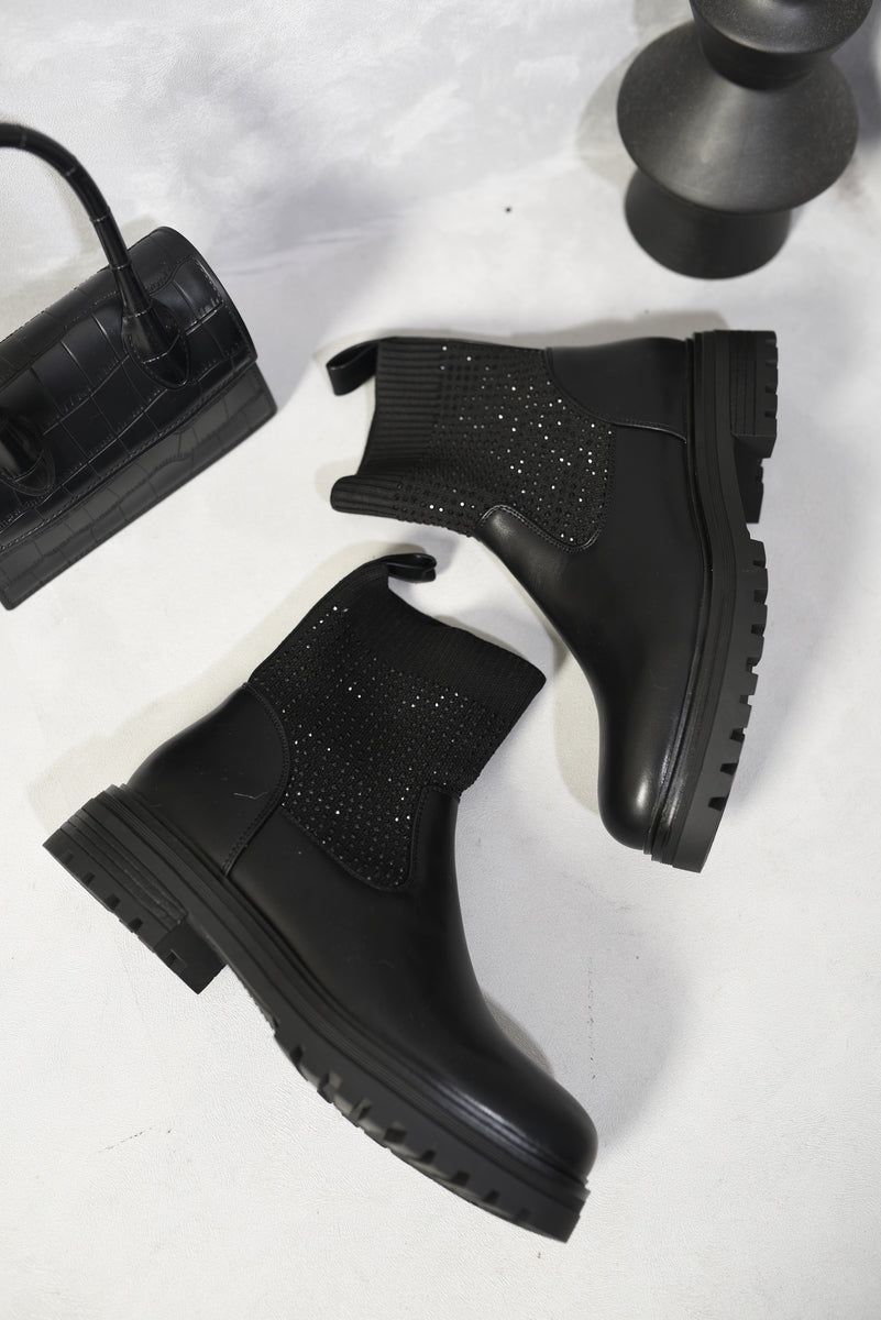 Rhinestone Faux Leather Stretch Ankle Boots