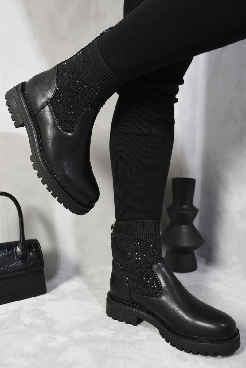 Rhinestone Faux Leather Stretch Ankle Boots