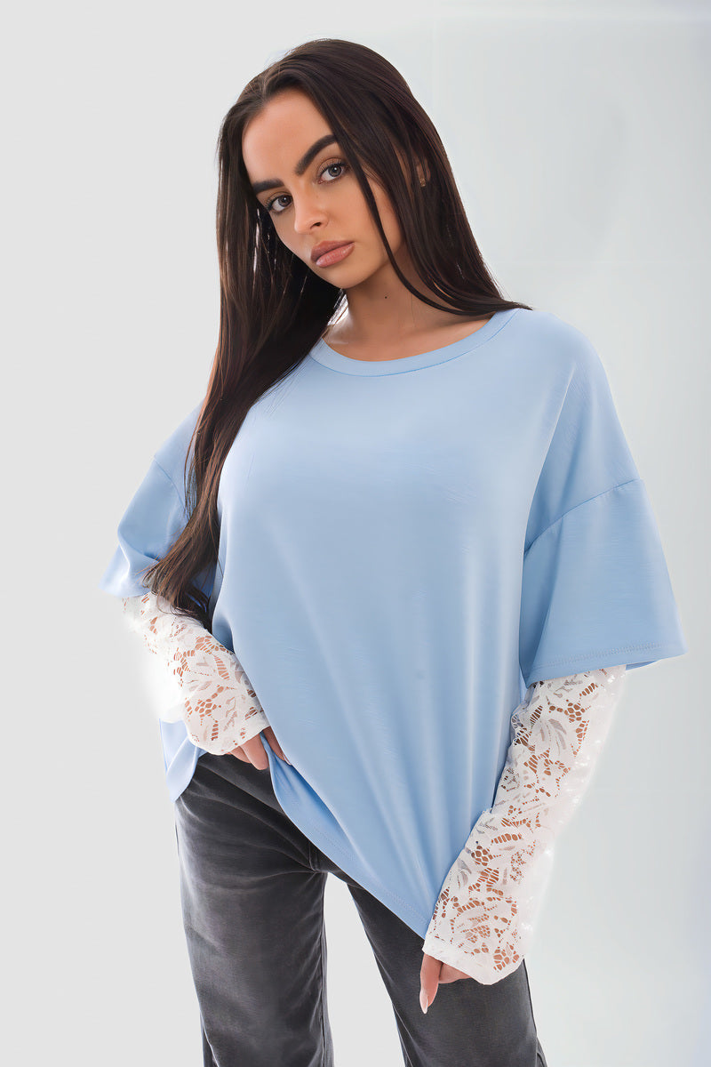 Oversized Long Sleeve Lace Detail Top