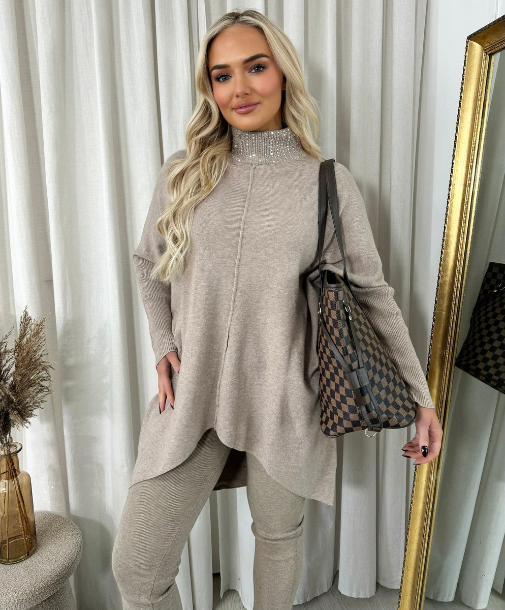 Rhinestone Detail High Neck Knitted Jumper