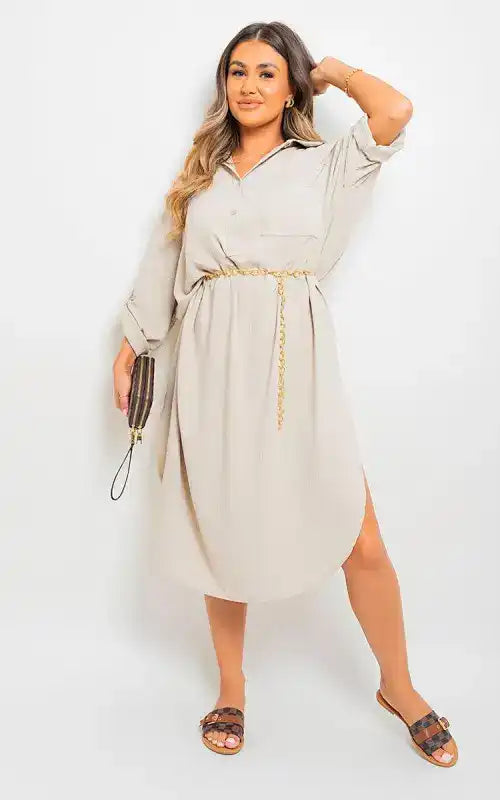 Button Down Pull Up Sleeve Midi Dress with Front Pocket Elite Urban