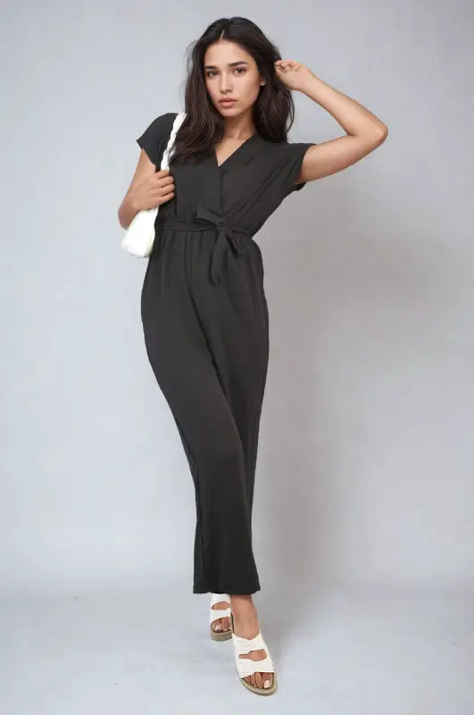 Belted V Neck Jumpsuit with Side Pockets - Elite Urban