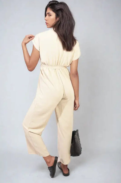 Belted V Neck Jumpsuit with Side Pockets - Elite Urban