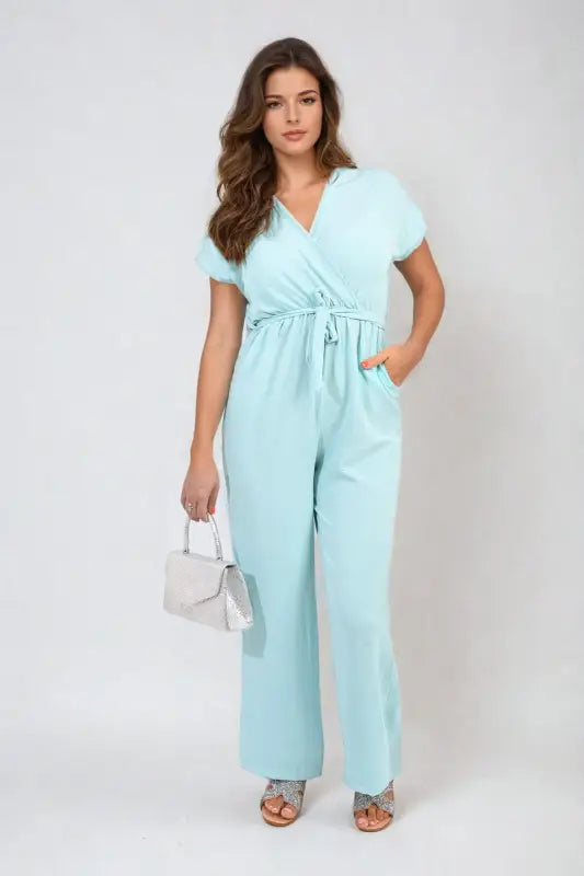 Belted V Neck Jumpsuit with Side Pockets - Elite Urban