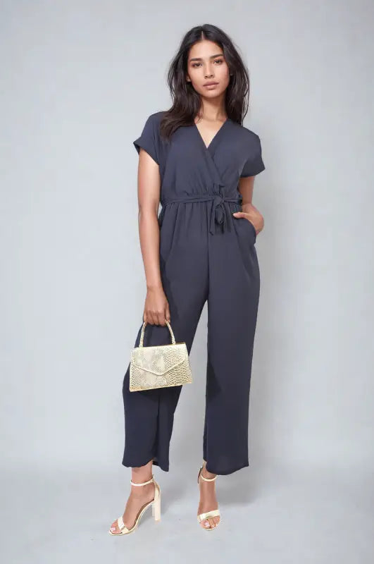 Belted V Neck Jumpsuit with Side Pockets - Elite Urban