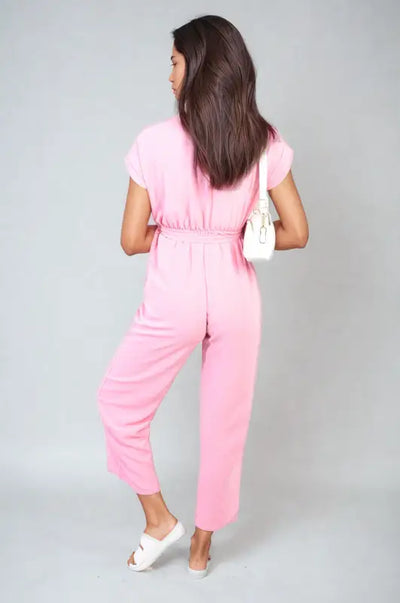 Belted V Neck Jumpsuit with Side Pockets - Elite Urban