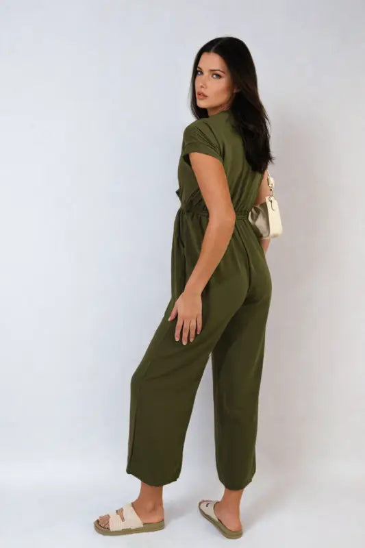 Belted V Neck Jumpsuit with Side Pockets - Elite Urban