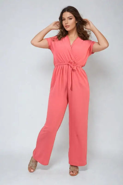 Belted V Neck Jumpsuit with Side Pockets - Elite Urban