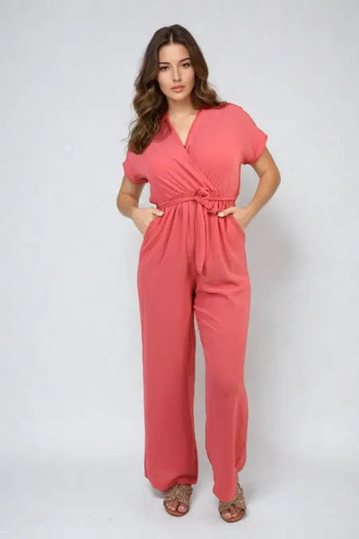 Belted V Neck Jumpsuit with Side Pockets - Elite Urban