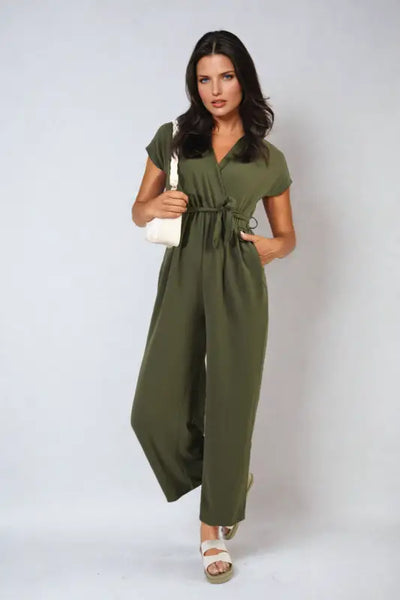 Belted V Neck Jumpsuit with Side Pockets - Elite Urban