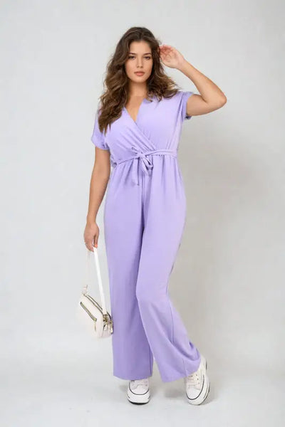 Belted V Neck Jumpsuit with Side Pockets - Elite Urban