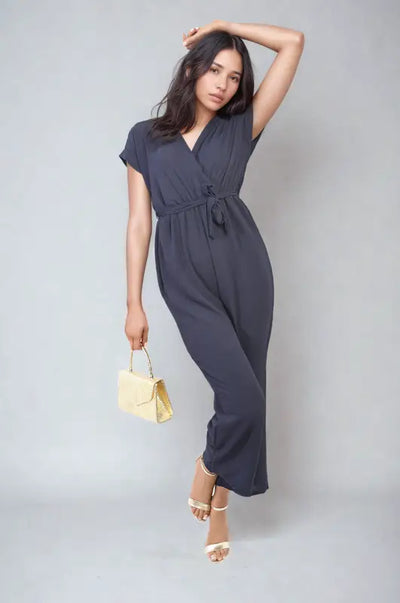 Belted V Neck Jumpsuit with Side Pockets - Elite Urban