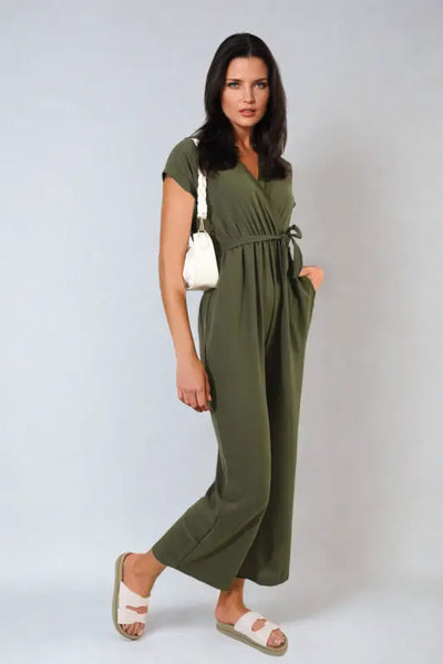 Belted V Neck Jumpsuit with Side Pockets - Elite Urban