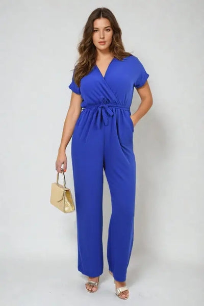 Belted V Neck Jumpsuit with Side Pockets - Elite Urban