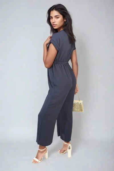 Belted V Neck Jumpsuit with Side Pockets - Elite Urban