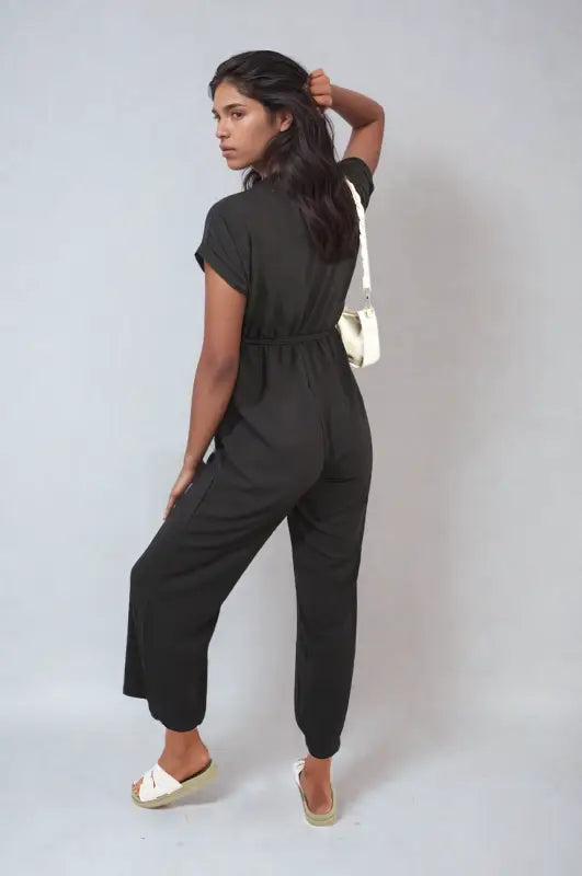 Belted V Neck Jumpsuit with Side Pockets - Elite Urban