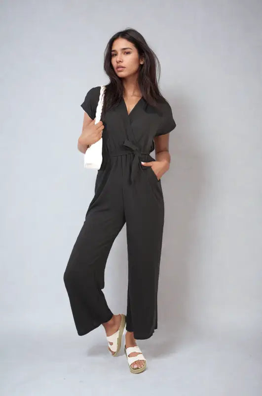 Belted V Neck Jumpsuit with Side Pockets - Elite Urban