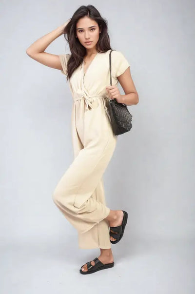 Belted V Neck Jumpsuit with Side Pockets - Elite Urban