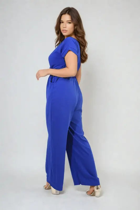 Belted V Neck Jumpsuit with Side Pockets - Elite Urban