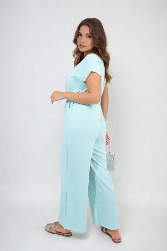 Belted V Neck Jumpsuit with Side Pockets - Elite Urban