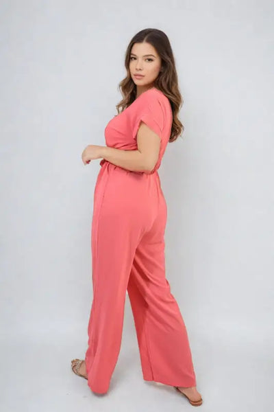 Belted V Neck Jumpsuit with Side Pockets - Elite Urban