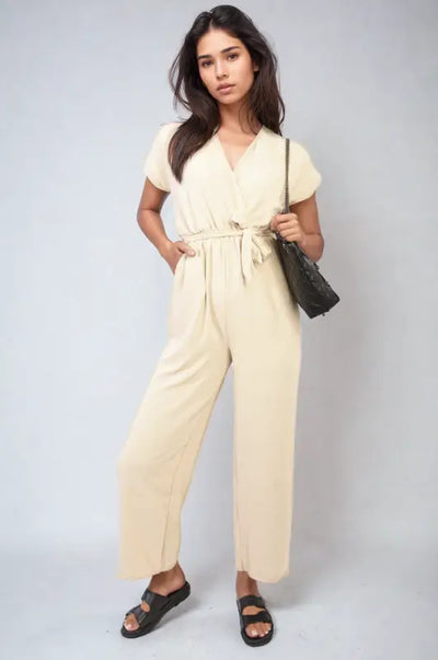 Belted V Neck Jumpsuit with Side Pockets - Elite Urban