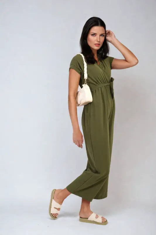 Belted V Neck Jumpsuit with Side Pockets - Elite Urban