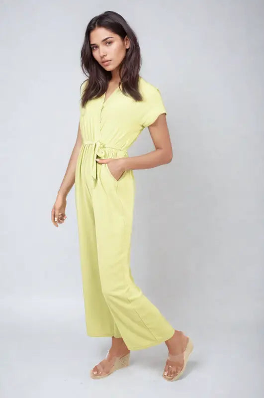 Belted V Neck Jumpsuit with Side Pockets - Elite Urban