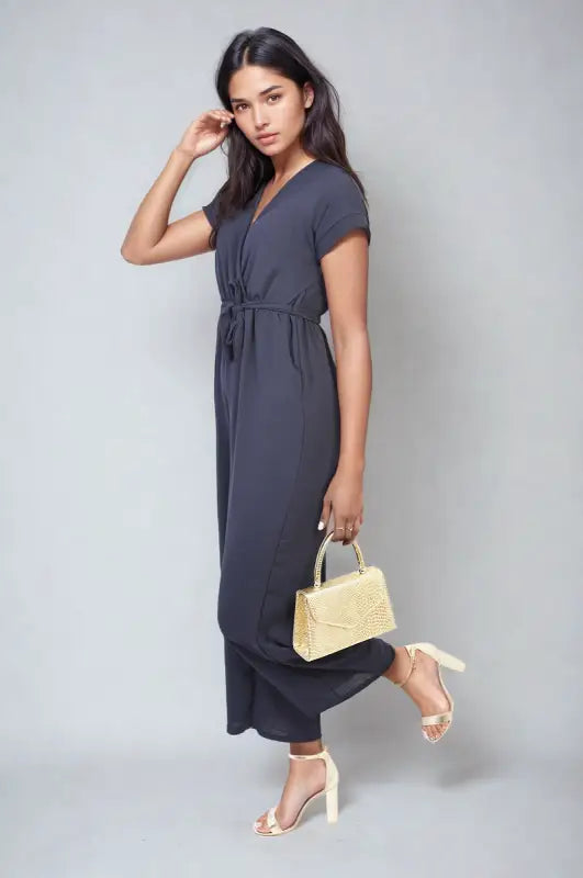 Belted V Neck Jumpsuit with Side Pockets - Elite Urban