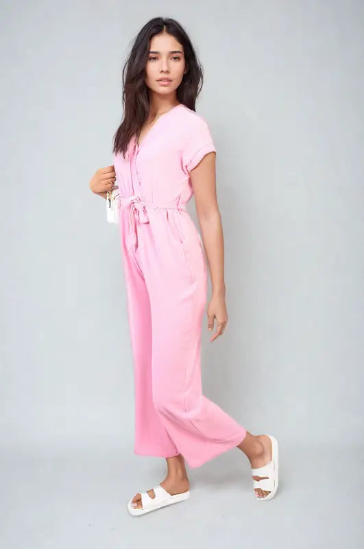 Belted V Neck Jumpsuit with Side Pockets - Elite Urban