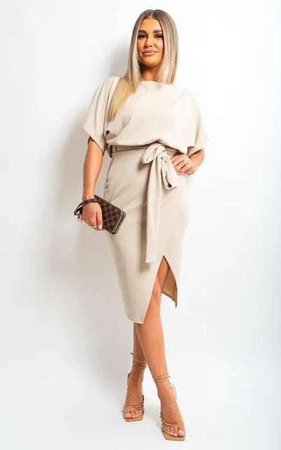 Belted Wrap Front Kimono Sleeve Midi Dress Elite Urban