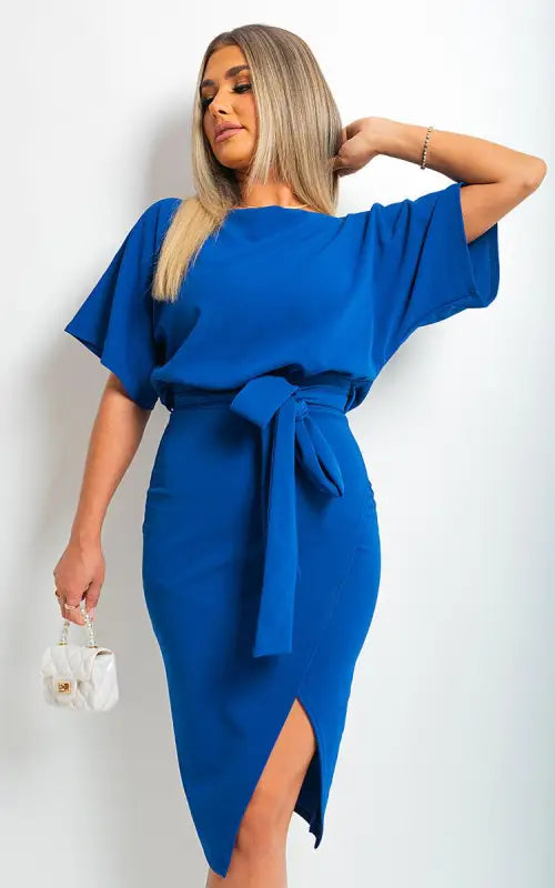 Belted Wrap Front Kimono Sleeve Midi Dress Elite Urban