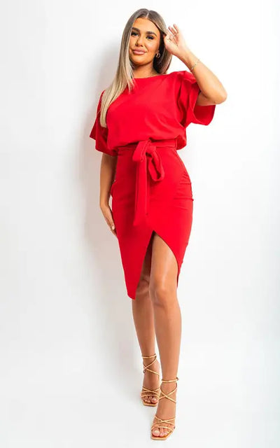 Belted Wrap Front Kimono Sleeve Midi Dress Elite Urban