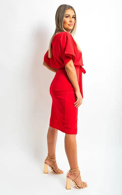 Belted Wrap Front Kimono Sleeve Midi Dress Elite Urban