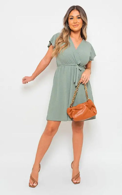 Butterfly Sleeve Belted Wrap Mini Dress Elite Urban