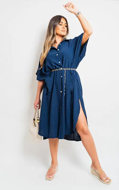 Button Down Collared Midi Dress with Two Front Pockets Elite Urban